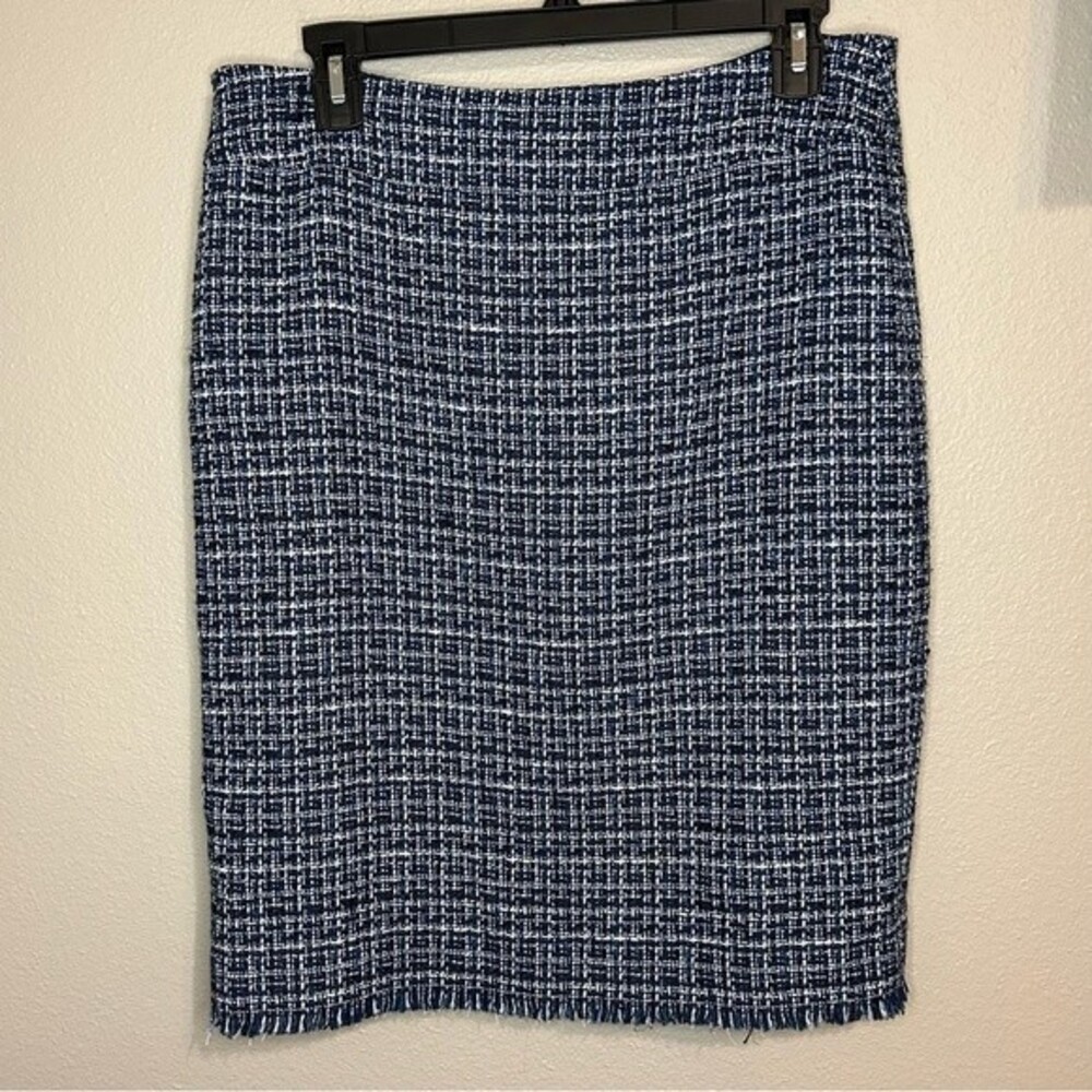 Carlisle blue linen & silk blend tweed fringe trim skirt women's size medium 10
